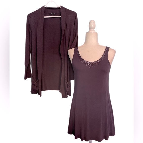 Eileen Fisher system twinset plum purple beaded cami with cardigan set XS - Picture 2 of 14
